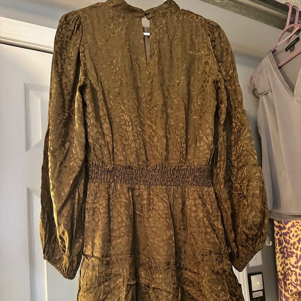 Joy Joy Olive Jacquard Leopard Smocked Waist Mini Dress Size Small NWOT - Picture 3 of 11